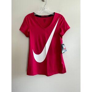 Nike Pro V-Neck Athletic T-Shirt Womens M Pink Short Sleeve Big Swoosh *New